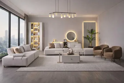 Immagine prodotto di Divano, poltrona, tavolino da salotto, soggiorno, stile moderno, colore beige, nuovo, morbido