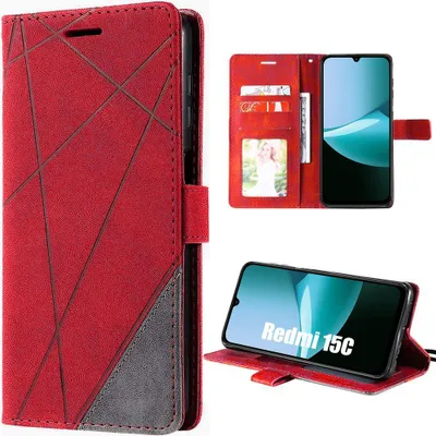 Image de Coque pour Xiaomi Redmi 15C 4G/5G, Protection Antichoc Anti-Rayures Effet Cuir Gris Rouge