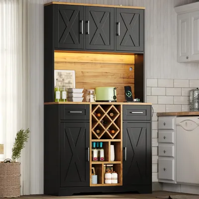 Immagine prodotto di Armadi alti da cucina Flieks da 180 cm con illuminazione a LED, mobiletto alto con ripiani per vini, mobile contenitore per soggiorno e sala da pranzo, colore nero
