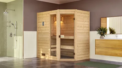 Produktbild von weka Massivholzsauna 38 mm VALIDA Eck 1 GTF Sparset 1 inkl. 4,5 kW BioS-Ofenset, Sauna-Leuchtenset, Zubehör-Set und Duftkonzentrat x B x T x H  x 189 x 139 x 204