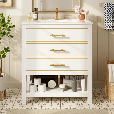 Produktbild von Waschtisch 76x46.5x86cm, freistehender Waschtisch mit Keramikbecken, MDF weiß glänzend, 2 Schubladen und offenes Fach für das Badezimmer