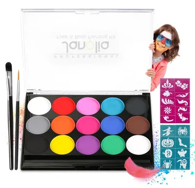 Immagine prodotto di Set di trucchi per bambini, 15 colori, con pennello e modelli, solubile in acqua, lavabile