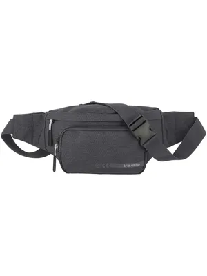 A dark gray fanny pack is shown against a white background.