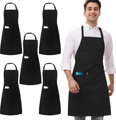 Produktbild von Set mit 5 schwarzen Kochschürzen, Gastronomieschürzen für Herren und Damen, professionelle Kellnerschürzen, Vorbinder für Restaurant, Bistro, Bar, Café, Garten und Salon (1 Tasche)