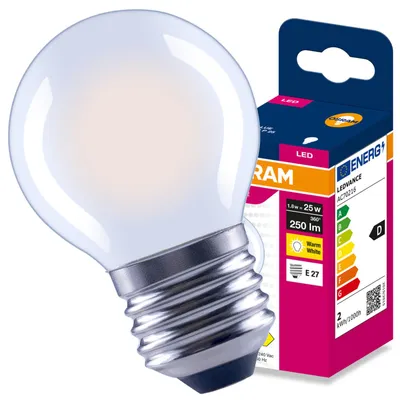 Produktbild von LED-Lampe E27, Kugelform P45, 1,8W = 25W, 250lm, 2700K (warmweiß), 300° Filament, VALUE, Osram, KI-generiertes Bild
