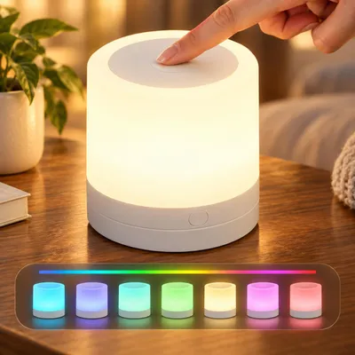 Produktbild von LED Nachttischlampe Touch Dimmbar mit 7 Farbwechseln Atmosphäre Tischlampe RGB Nachtlicht mit Griff Tragbares für Schlafzimmer, Wohnzimmer & Camping