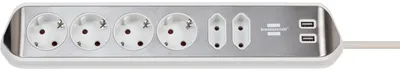 Produktbild von Estilo 6-fach Ecksteckdosenleiste in hochwertiger Edelstahlausführung für Küche und Büro (Tischsteckdose mit 4x Schutzkontaktsteckdose, 2x Eurosteckdose, inkl. USB-Ladefunktion) silber/weiß TYP F