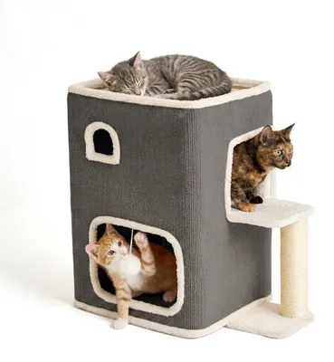 Katzenhaus 2 Etagen mit Spielball & Kratzbaum, grau