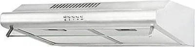A stainless steel range hood is shown against a white background.