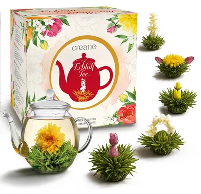 Produktbild von Creano Teeblumen Geschenkset - FLOWER DESIGN - Erblühtee Frühjahrslese mit 500ml Glaskanne & 6x Weißer Tee - Geschenk zu Valentinstag, Muttertag