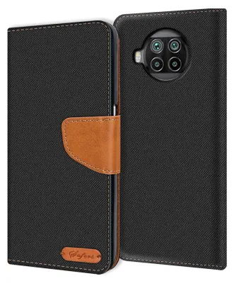 A black flip case for a smartphone, shown open to reveal the inside and the phone's camera module.