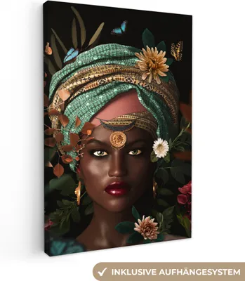 Produktbild von MuchoWow® - Leinwandbilder - Frau - Blumen - Schmetterlinge - Pflanzen - Schmuck - Luxus, Wandbild, Wanddeko Bilder Wohnzimmer, 40x60 cm