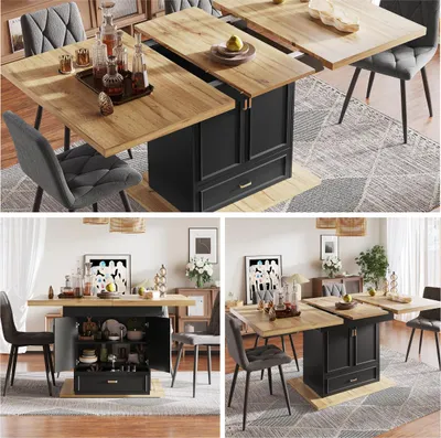 Image de Table à rallonges 110-140 cm avec socle de rangement, éclairage LED et tiroir, table de cuisine aspect bois naturel pour 6 personnes, 140 x 80 x 75 cm