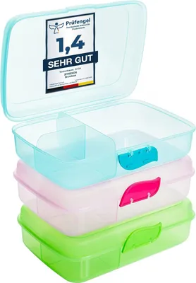 Produktbild von Lunchbox Kinder 3 Stück mit Trennfächern, Clickverschluss, farbig, ideal für Schule