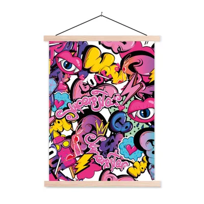 Produktbild von MuchoWow® Textilposter Design - Superstar - Cool - Muster - Lippen - Kinder 120x160 cm mit holzfarbenen Rahmen - Plakatkarton