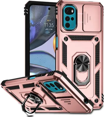 Image de Étui pour Motorola Moto G22 2022 étui double couche avec couvercle coulissant pour l'appareil photo et anneau de support Rose