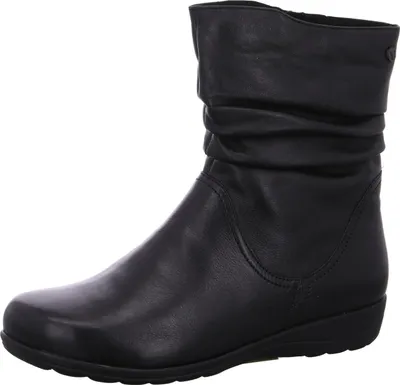A black leather boot is shown against a white background.