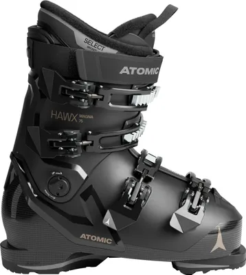 A black ski boot with gold accents, shown from the side.