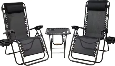 Zdjęcie produktu dla Składany leżak - Zero Gravity Loungeset - Czarny - Zestaw 2 - Ze stolikiem, poduszką i uchwytem na napoje - Regulacja 0°-160° - Ogród, taras i kemping