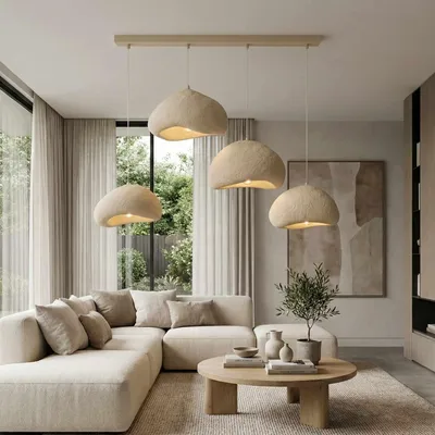 Produktbild von Opviq, Elegante Pendelleuchte aus Metall mit Fiberglas-Kappe, verstellbare Höhe 50-110 cm, Ecru, 4 x E27, IP20 | Modernes Design für stilvolle Wohnräume.