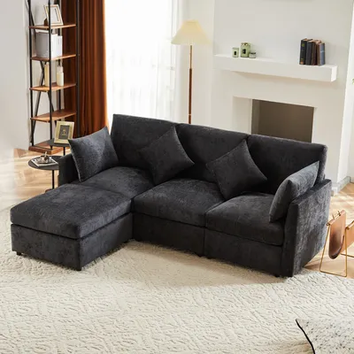 Image de OKWISH Canapé D'angle Modulable - Avec Repose-Pieds 4 Places Tissu Chenille Gris