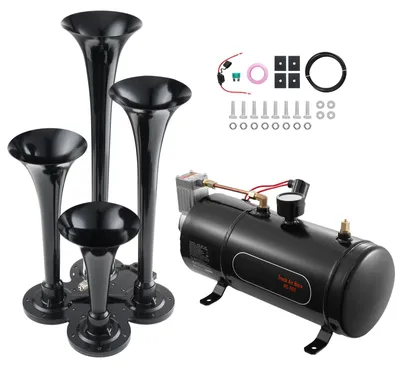 Imagen del producto de Conjunto de bocinas de tren, 4 trompetas, 150 dB, con compresor de 12V y depósito de aire