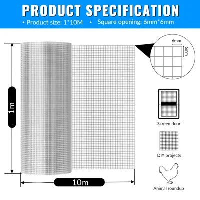 Obrázok produktu pre Ochranná sieť pre záhradné voliéry – pozinkované drôtené ploty v rolke – veľkosť očiek 6 mm – dĺžka 10 m x 1 m – pozinkovaná oceľ – ochrana proti korózii – strieborná farba