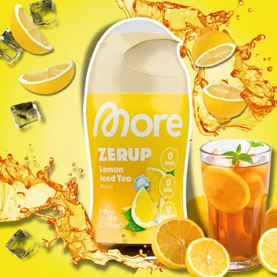 Produktbild von MORE Zerup Zero Sirup Lemon Iced Tea Getränkesirup ohne Zucker mit Schwarztee-Extrakt 65 ml