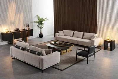 Zdjęcie produktu dla Kompletny zestaw wypoczynkowy do salonu, sofa, stół, komoda, 7 elementów