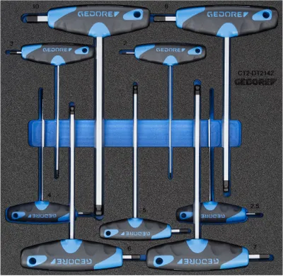 A set of T-handle Allen wrenches neatly arranged in a foam insert.