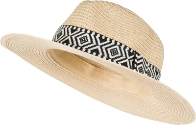 Produktbild von styleBREAKER Damen Panama Sonnenhut Einfarbig mit Stoff Hutband mit Azteken Muster, Strohhut, Schlapphut, Sommerhut, Fedora Hut 04025046