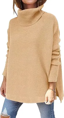 Produktbild von ASKSA Damen Rollkragenpullover Strickpullover Einfarbig Fledermausärmel Pullover, Khaki, L