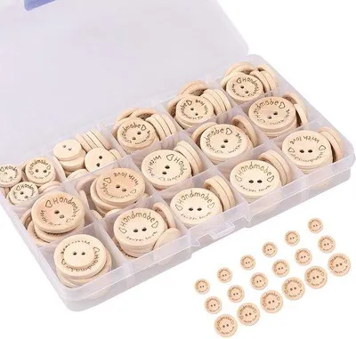Image de Boutons en bois faits main, 150 pièces, 2 trous, boutons en bois pour la broderie et l'artisanat, 15/20/25 mm