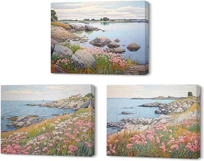 Image de Aquarelle représentant un paysage floral - 3 panneaux - 40 x 30 cm - cadre en bois