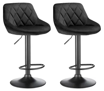 Produktbild von 2er Set Barhocker - Drehbare Barstühle - Samt, Höhenverstellbar, Mit Rückenlehne, Gepolstert, Metallgestell, Leicht zu reinigen - Schwarz