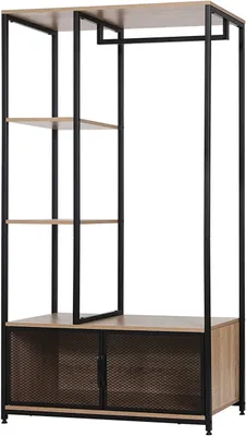 A freestanding wardrobe with shelves and a cabinet.