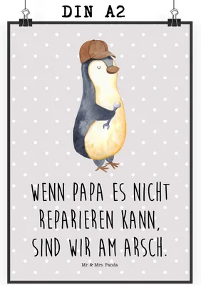 Produktbild von Mr. & Mrs. Panda Bild Wenn Papa es nicht reparieren kann, sind wir am Arsch DIN A2 - Grau Pastell - Geschenk, wanddeko, Vatertag, Pinguin, drucke, Kunstdruck, Plakat, Dad