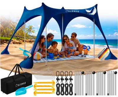 Produktbild von ELONEO Strandzelt Sonnensegel LSF 50+ UV Schutz Windschutz Strand Zubehör Zelt, Blau - 300x300x200 cm