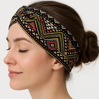 Zdjęcie produktu dla Aztecka bawełniana opaska do włosów - żółto-czerwona w stylu boho