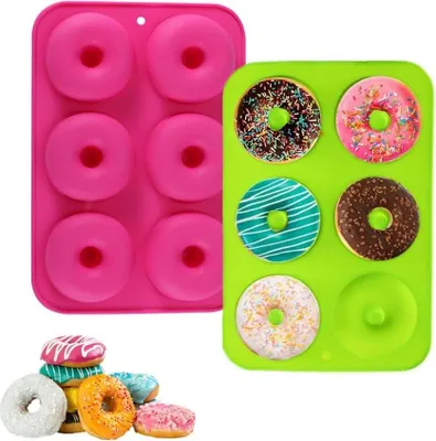 Produktbild von Set aus 2 Silikon-Donutformen - 6 Fächer Antihaft-Backform für Kuchen, Kekse, Bagels, Muffins, Grün und Rosa