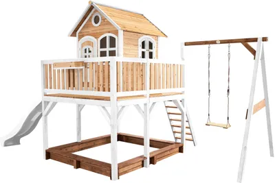 Produktbild von AXI Spielhaus Liam mit Sandkasten, Schaukel & weißer Rutsche | Stelzenhaus XXL in Braun & Weiß aus Holz für Kinder | Spielturm mit Wellenrutsche für den Garten