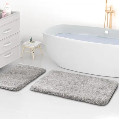 Produktbild von Mikrofaser-Badematten, 2 cm extra dick, super saugfähige Badematten 50x80 cm und 40x60 cm, hellgrau