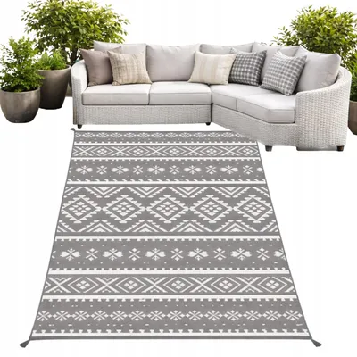 Produktbild von Outdoor Teppich 120x180 Wasserdicht - Balkon Terrasse Wendbar - Grau Weiß