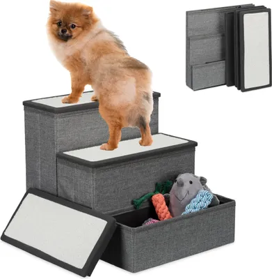 Image de Escalier pour chien Relaxdays, 3 marches, avec espace de rangement, pour chiens et chats, H x L x P : 39 x 40 x 49 cm, escalier pliable pour animaux, gris/blanc