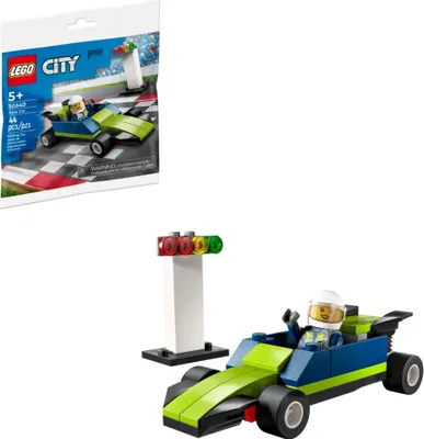 A LEGO City race car building set is shown, with the packaging on the left and the assembled toy on the right.