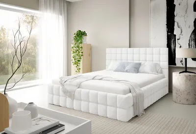 Image de Lit rembourré ARDELLO avec coffre de rangement | Lit 180 x 200 | Lit double avec espace de rangement et sommier à lattes | Style lit boxspring | Sans matelas | Chambre à coucher - Blanc