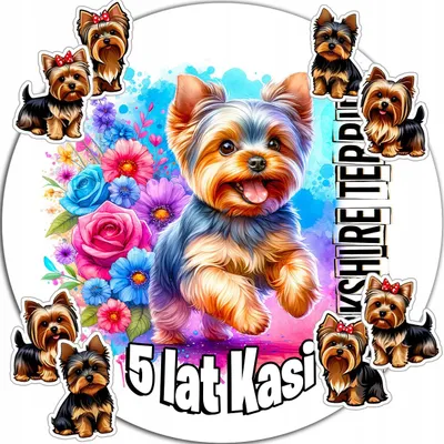 Zdjęcie produktu dla Opłatek Na Tort 20Cm - Psy Yorkshire Terrier Urodzinowe + Imię 15Cm 18Cm
