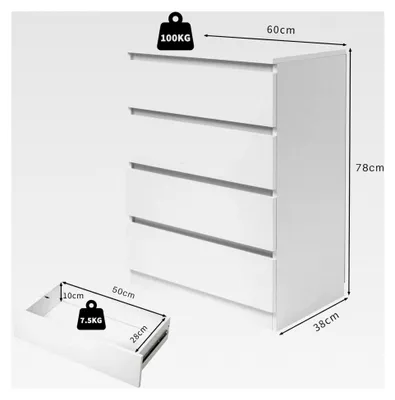 Produktbild von Kommode mit 4 geräumigen Schubladen für minimalistische Innenräume, Wohnzimmer, Schlafzimmer, Flur, Schrank, Sideboard, Highboard, viel Stauraum, Weiß