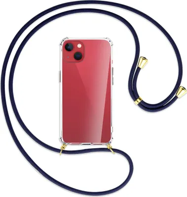 Produktbild von Handykette Backcover-Schutzhülle mit Band (Metall goldfarben) für Apple iPhone 13 mini - dunkelblau