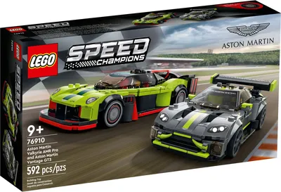 The image shows the packaging of a LEGO Speed Champions set featuring two Aston Martin race cars.